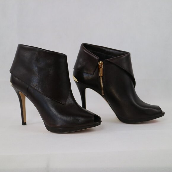 Michael Kors Brown Leather Foldover Kendra Open Peep Toe Stiletto Booties - Picture 2 of 9
